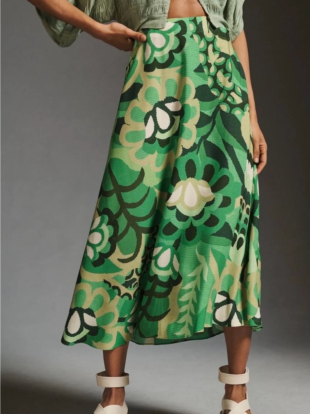 FARM Rio Green Multi Floral A-Line Midi Skirt - Picture 1 of 5